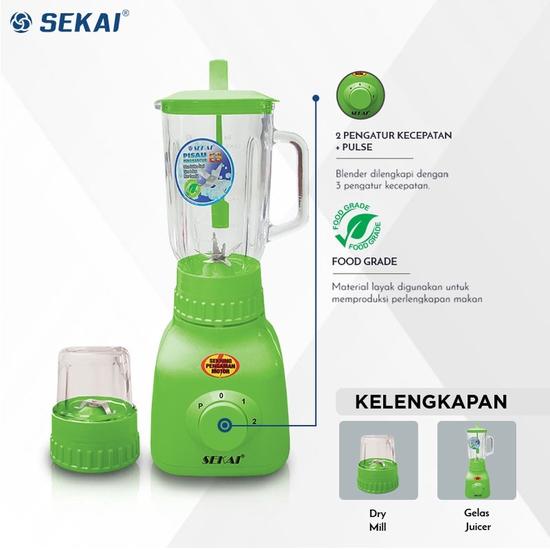 SEKAI Blender Gelas Plastik 2 In 1 BL 751 GL Juicer + Pelumat Kering