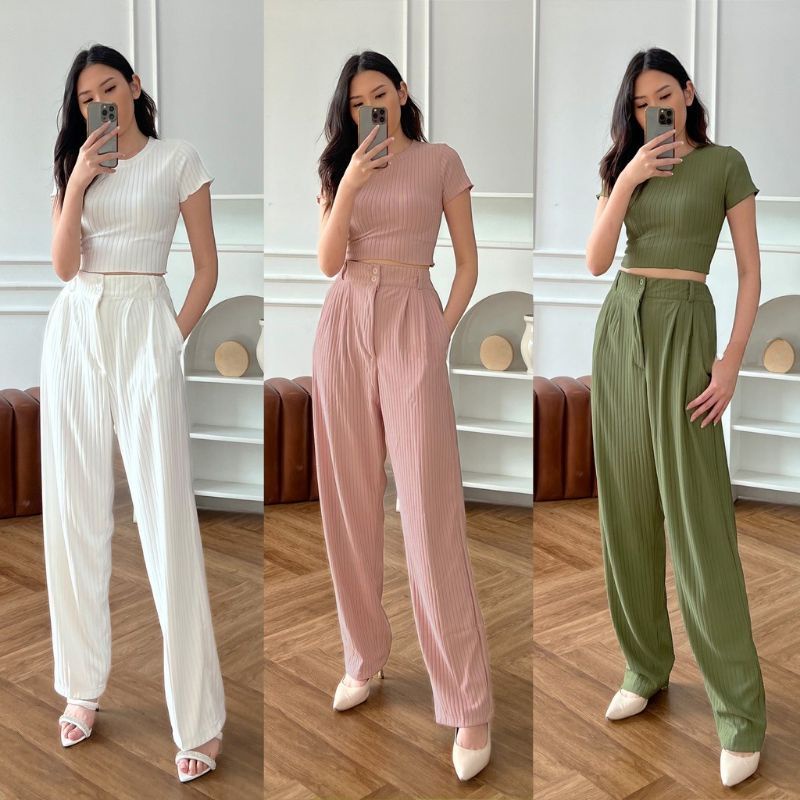 Premium Celana Kulot Rib Knit Highwaist Celana Panjang Loose Pants Trousers