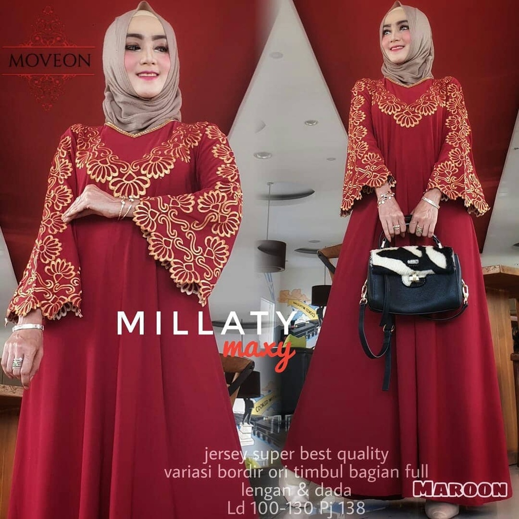 Millaty Maxy Millati Maxi Gamis Jumbo Jersey Motif Bordir xxxl Ld 130cm Arabian Abaya Gamis Lebaran Remaja Muslimah Terbaru Seragaman Pengajian Murah Mila Dress Wanita Muslimah Syar'i Gamis Polos Tebal Premium Warna Hitam Milati Maxi