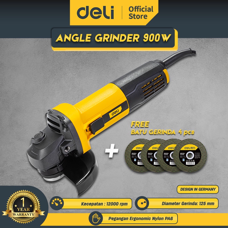 Deli Angle Grinder / Mesin Gerinda Gurinda Tangan 900W free Mata Gerinda EDL-JM125-E1+DL1071216L-New