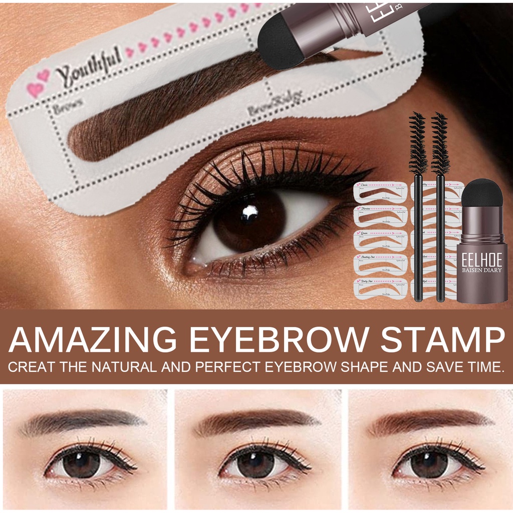 EELHOE Eyebrow Powder Cetakan Alis Instan Eyebrow Stamp Alis Stempel Alis Waterproof dengan 10 Model Cetakan Alis dan 2 Kuas Alis