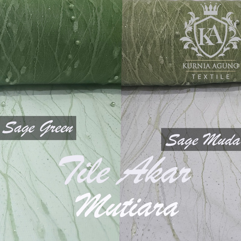 Kain Tile Akar Mutiara Gliter Brukat Warna SAGE GREEN Per Meter dan Per 0.5m bahan gamis kebaya mewah