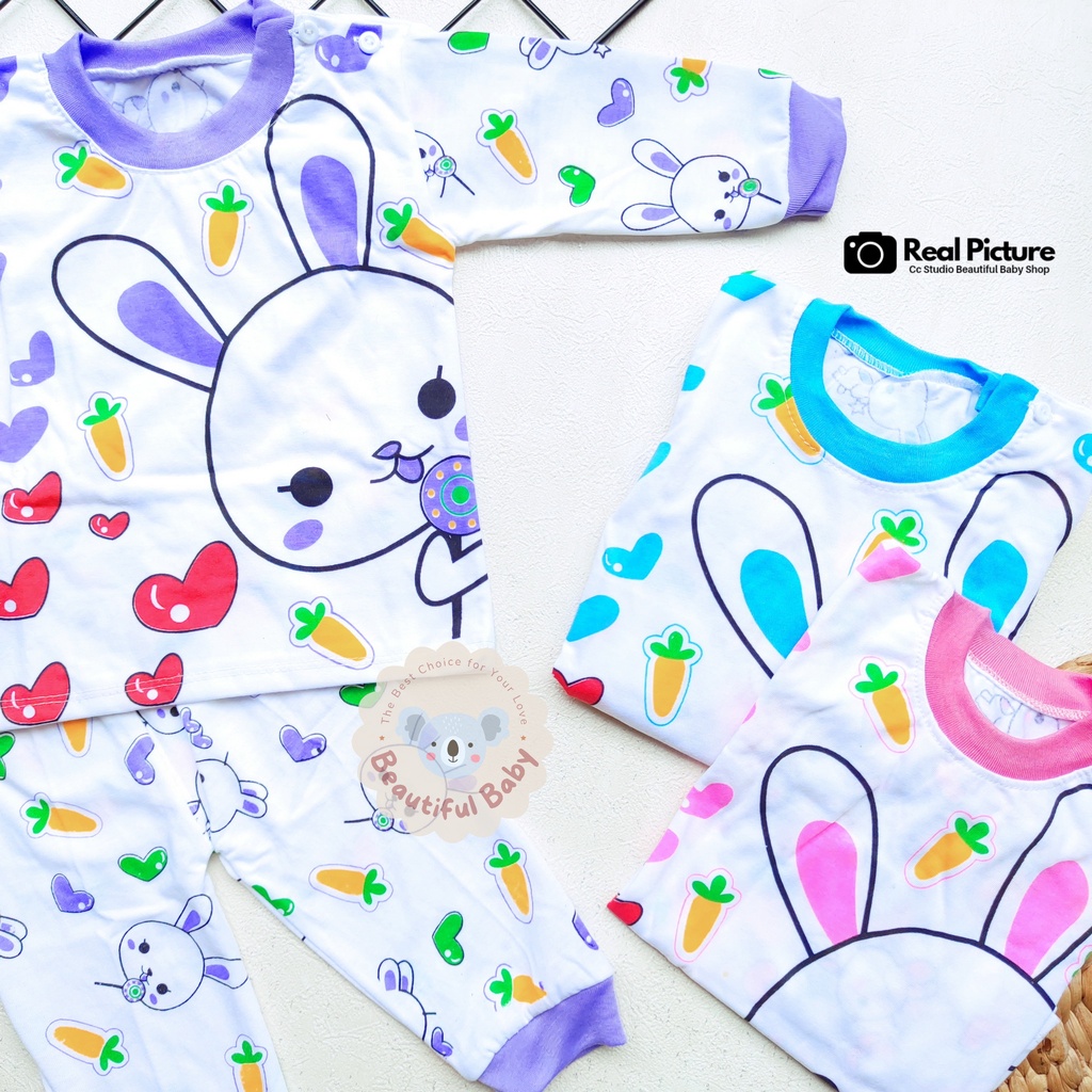 Baby.ou - Setelan Piyama Baju Bayi Perempuan Usia 3-10 Bulan Lengan Pendek Celana Panjang Motif Bunny / Baju Tidur Bayi