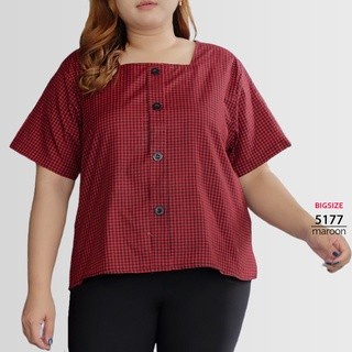 PROMO ATASAN WANITA JUMBO MOTIF KOTAK KOTAK / BLOUSE CASUAL BIG SIZE - 5177 MAROON ELEGAN TERLARIS K
