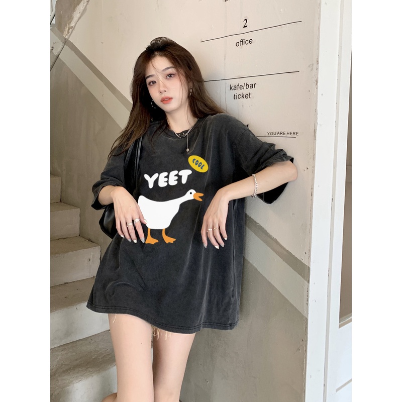 XIAOZHAINV Korean Style Cool Duck Pattern Washed Printing Kaos Wanita A0433