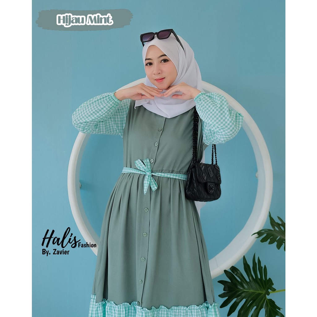 Dress Kotak Halis Fashion Original/ Gamis Motif Bahan Kombinasi
