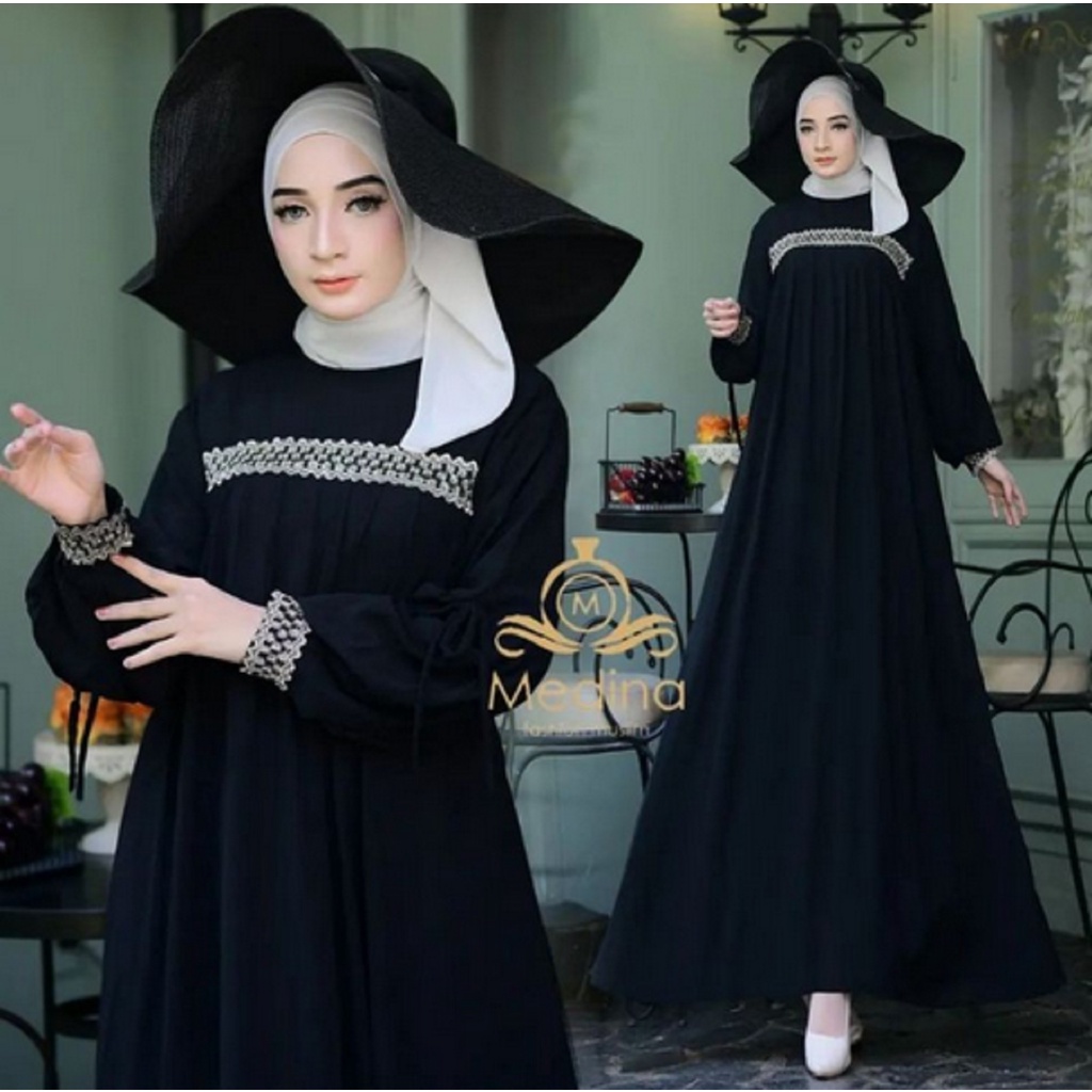 Gamis medina renda kringkel airflow terbaru dan terlaris medina dress resleting belakang