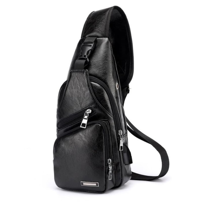 tas selempang pria  Tas Selempang Pria Kulit/Sling Bag Anti Maling USB Port+Lubang Handset - Hitam(H