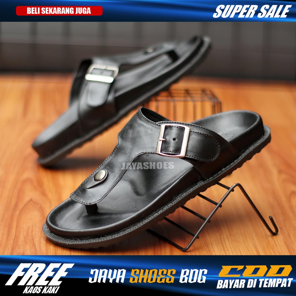 ASGAD Sendal Casual Kulit Asli Pria Hitam Original Simple Anti Slip