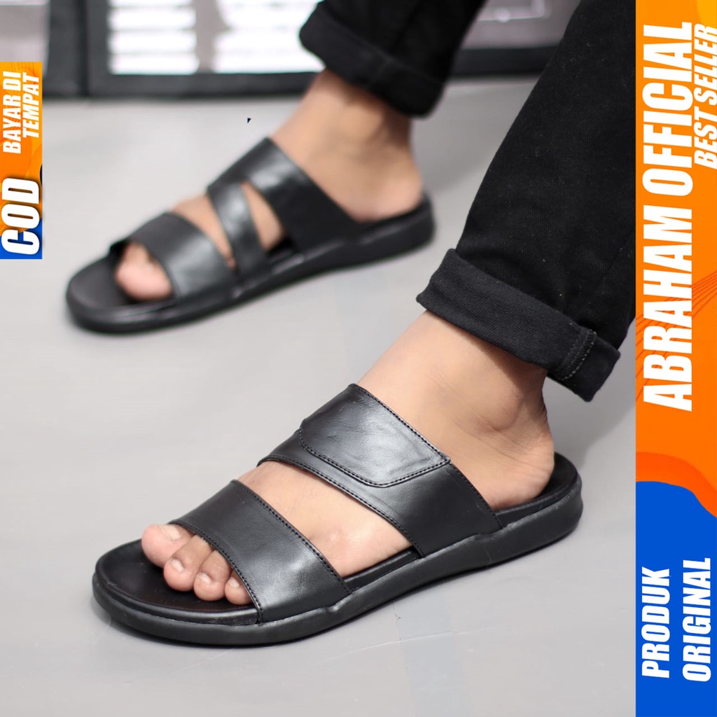 Sandal Slide Casual Pria Kulit Asli Sendal Selop Pria Hitam Abraham Valkry