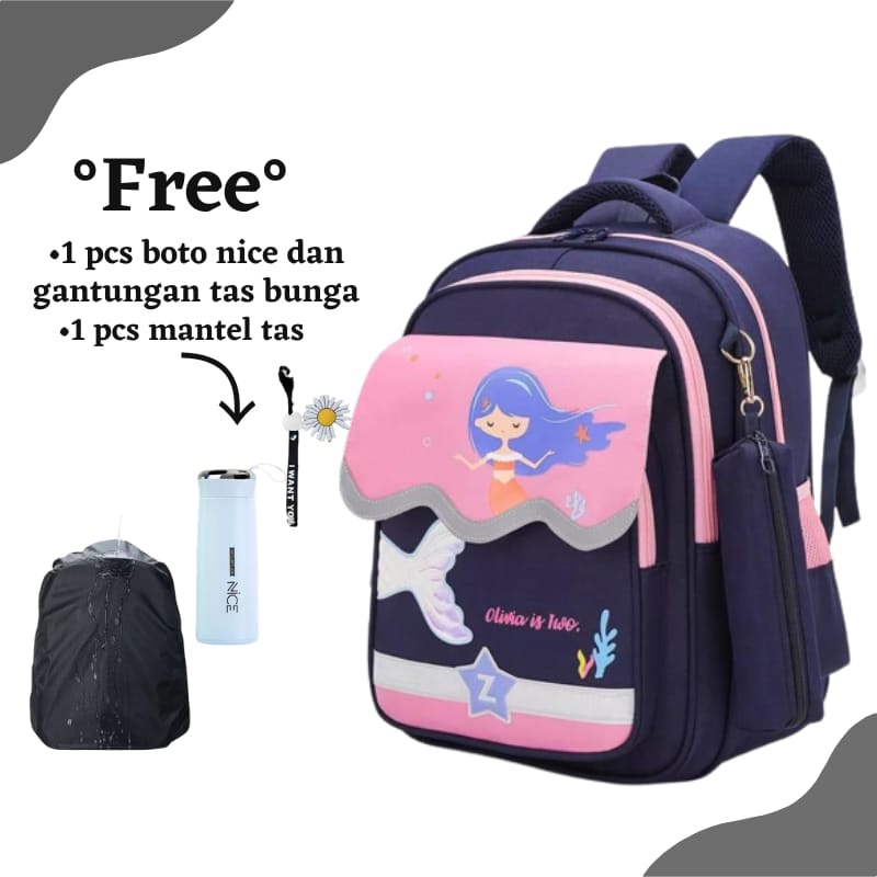 Tas Ransel Anak Sekolah Perempuan SD TK PAUD Motif Kartun Putri Duyung tas ransel free botol minum dan mantel tas