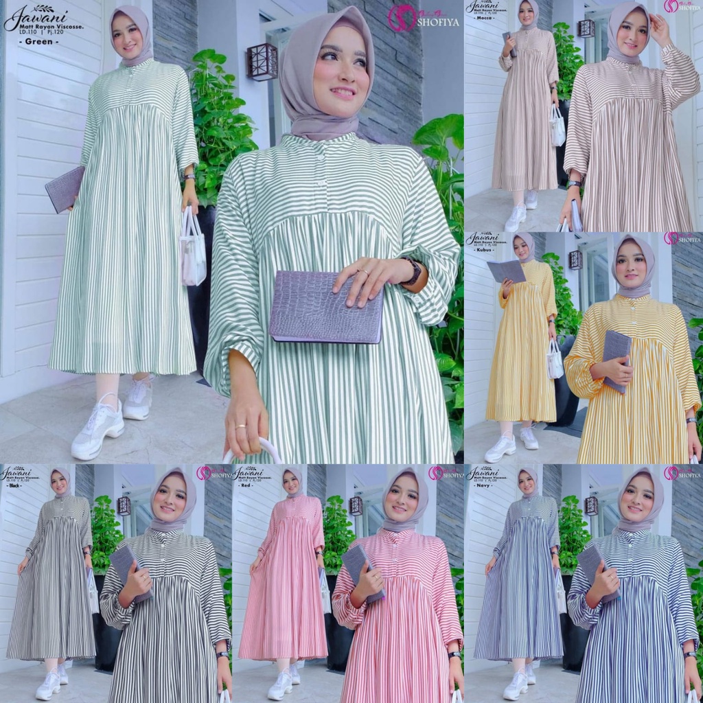 Baju Terusan Wanita Tunik Perempuan Dewasa Remaja Bahan Katun Salur Jawani Midi Dress