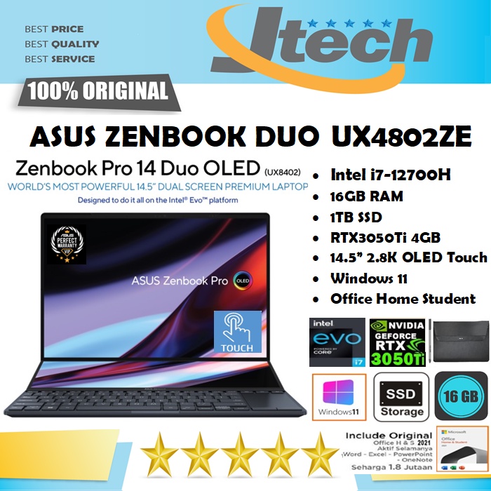 ASUS ZENBOOK PRO 14 DUO OLED UX4802ZE - i7-12700H - 16GB - 1TB SSD - RTX3050Ti 4GB - 14.5&quot;2.8K OLED TOUCH - WIN11 - OFFICE HOME STUDENT