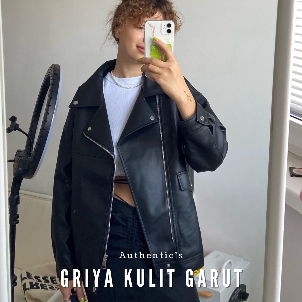 JAKET KULIT SEMI WANITA CROP JUMBO ORIGINAL 100% STYLE KOREA OVERSIZE HITAM PANJANG / JACKET KULIT W