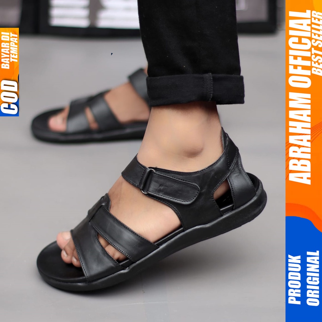 Sepatu Sandal Pria Casual Kulit Asli Sendal Traveling Pria Hitam Abraham Robin