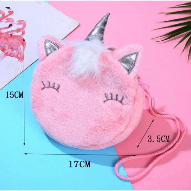 tas selempang kepala unicorn bulu bulat