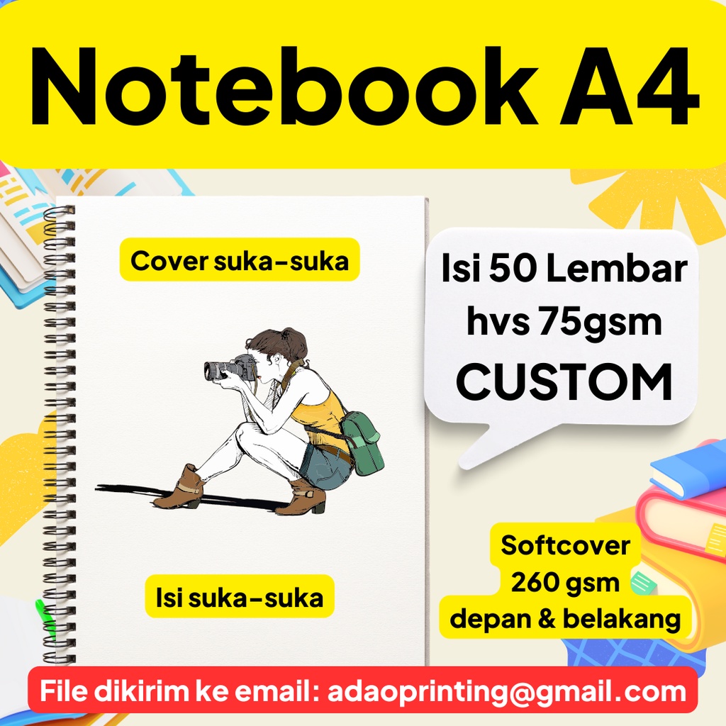 

Notes / Notebook Custom A4 / Notebook Spiral - Cover Depan & Belakang - isi Custom