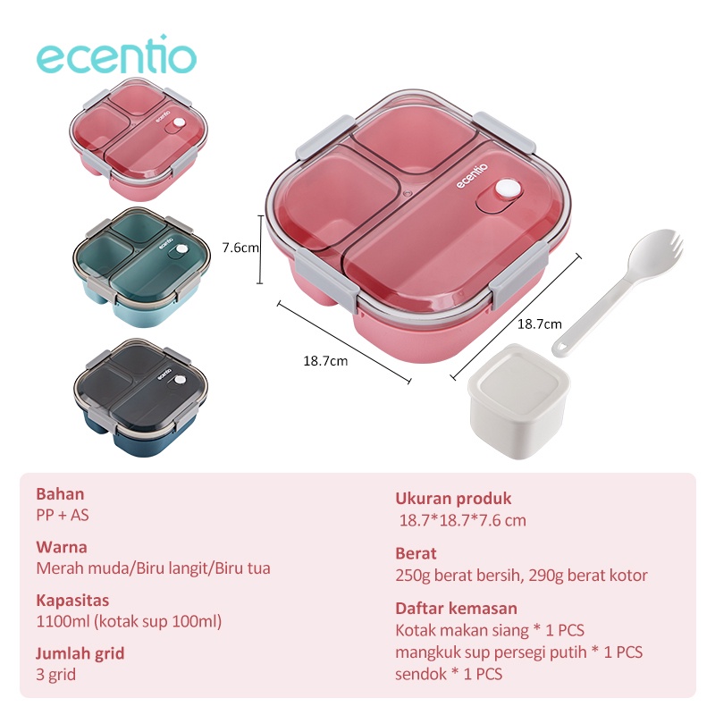 ecentio 3/4 grid kotak makan anti tumpah tempat makan kotak bekal lunch box merah muda