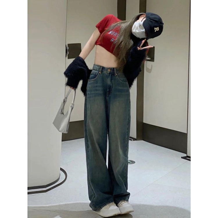 ✅COD New Retro Biru High Waist Kekinian Korean Style Straight Celana Panjang Jeans