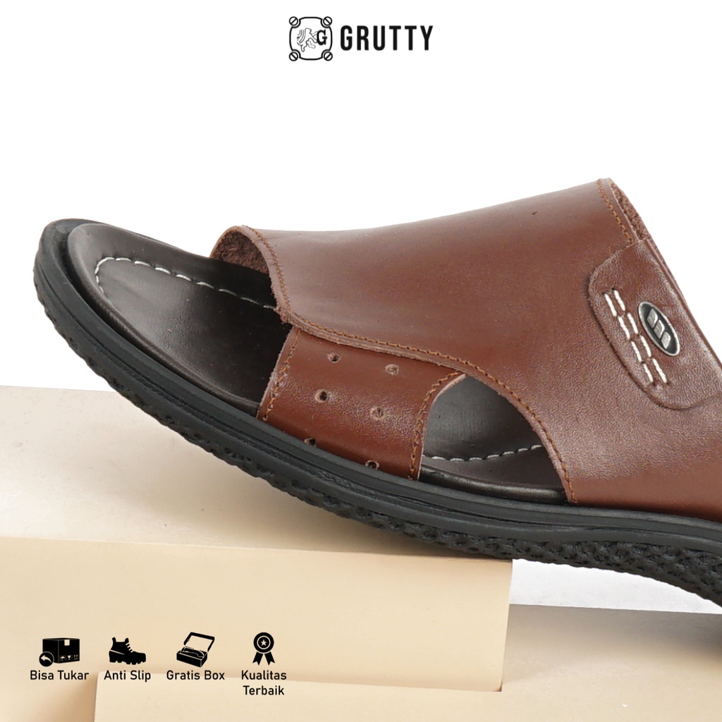 GRUTTY Sandal Pria Sendal Slide Kulit Asli Coklat 233