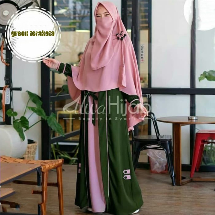 Baju Gamis Syari Set Khimar Cadar Wanita Remaja Kekinian Murah Terbaru - green teracota, L O6U1