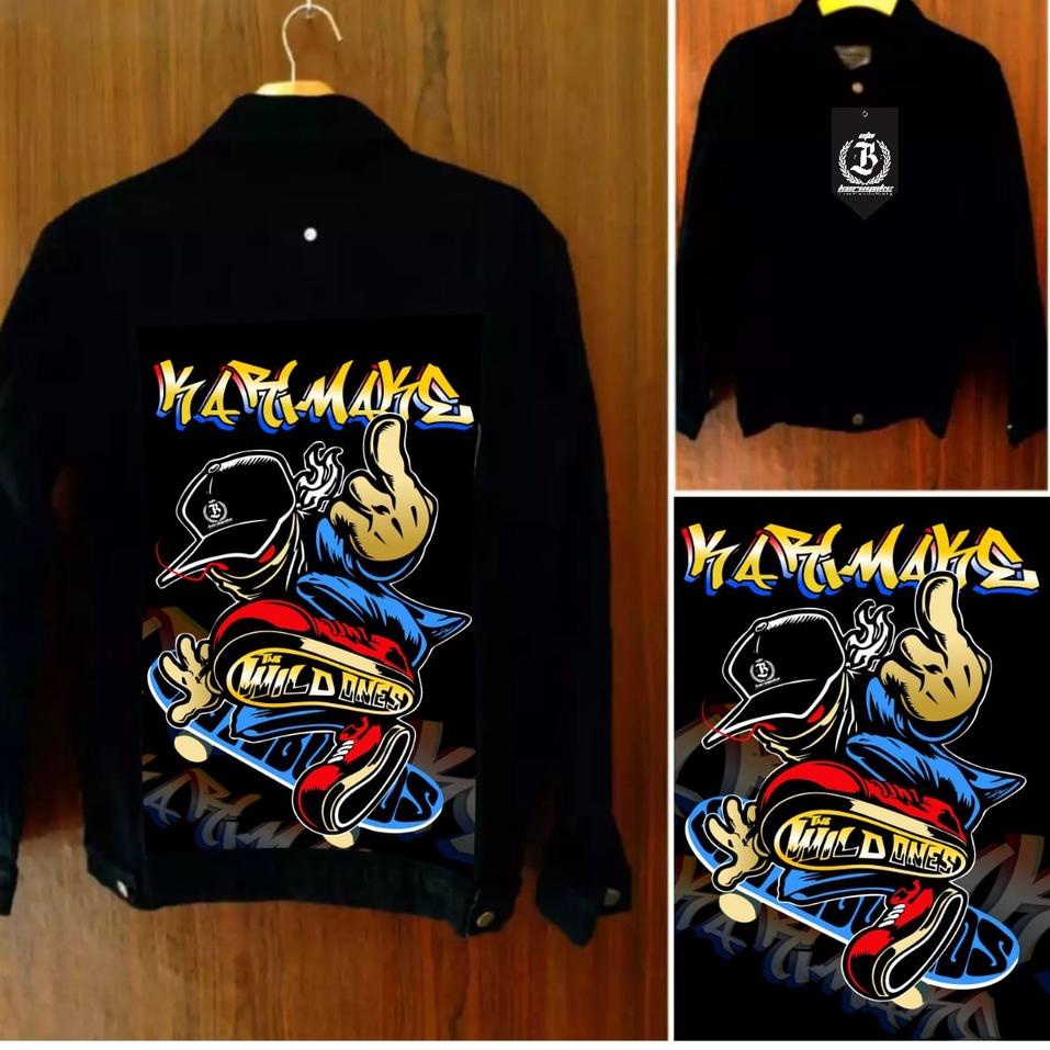 Serbuuuu.. Eta Karimake jaket jeans hitam pekat gambar belakang seketboard merah printing 3 dimensi 
