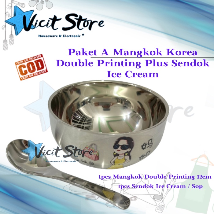 Paket Mangkok Korea Double Printing + Sendok Eskrim / SendokGarpu Mini