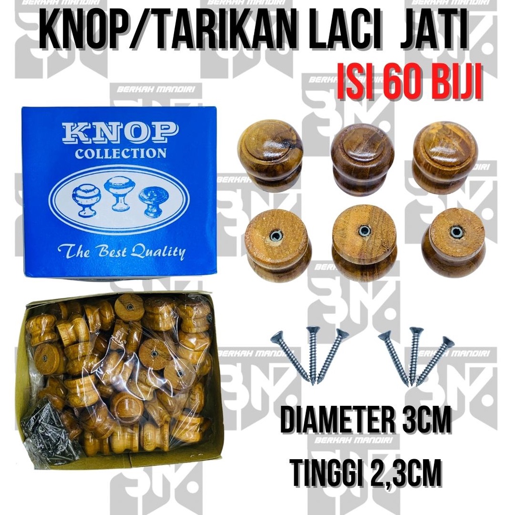 Tarikan laci bulat Isi 60pcs/knop kayu jati diameter 3 cm tarikan laci dan lemari dan kicenset handle laci