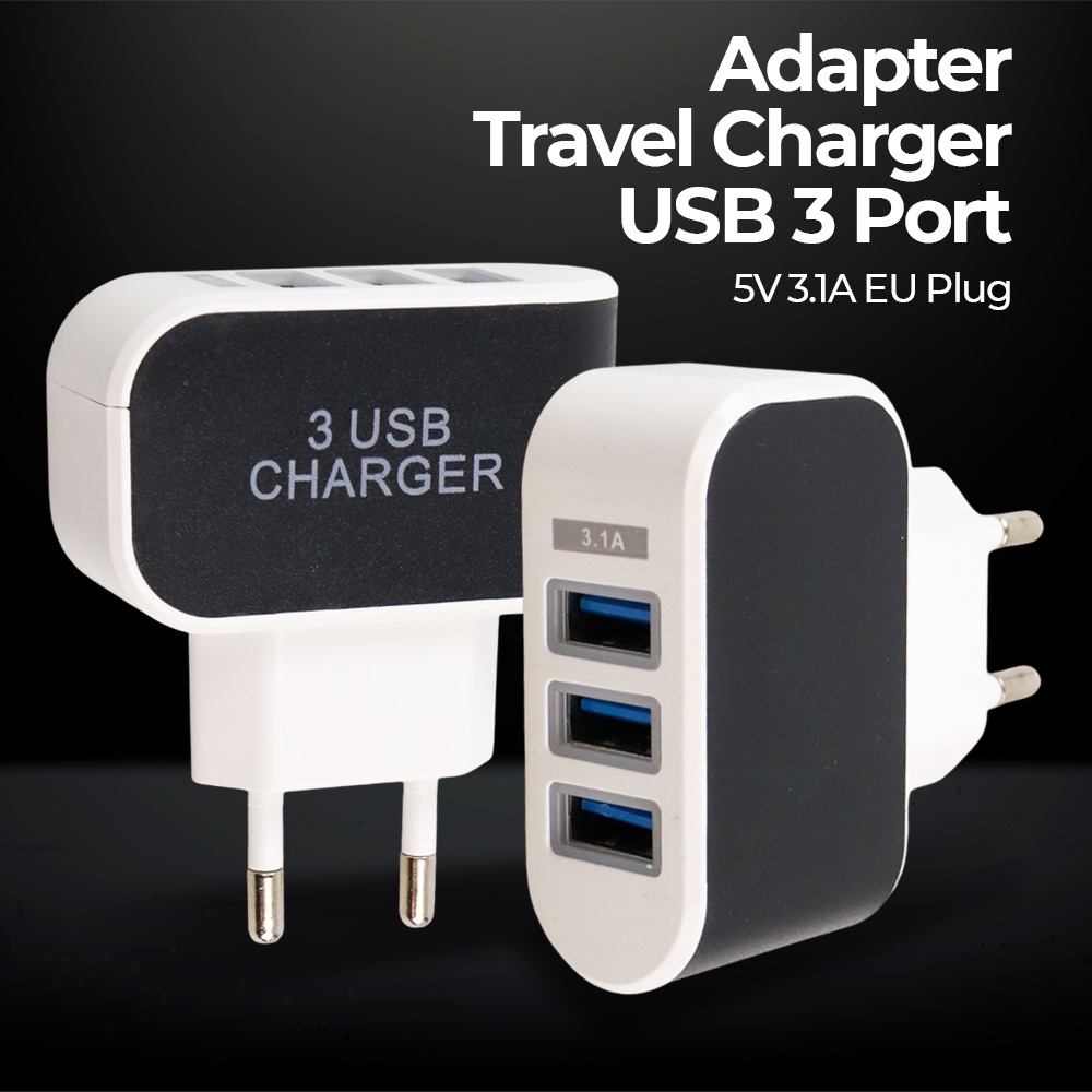 Adapter Travel Charger USB 3 Port 5V 3.1A EU Plug LED - EKA - OMUAG4BK Black