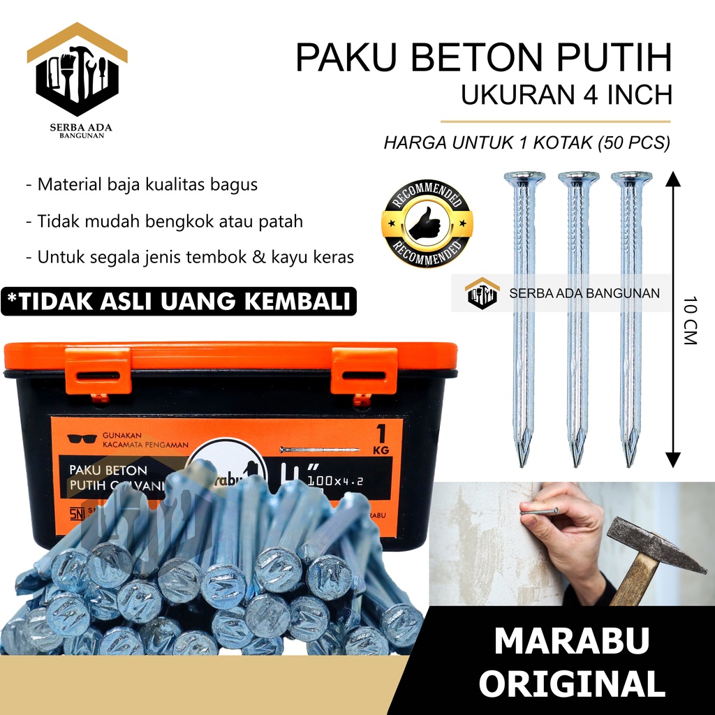 Paku BETON PUTIH GALVANIS MARABU ORI 1&quot; 2&quot; 3&quot; 4&quot; / 3 4 5 7 10 cm Dinding Tembok Kayu Alumunium Pvc