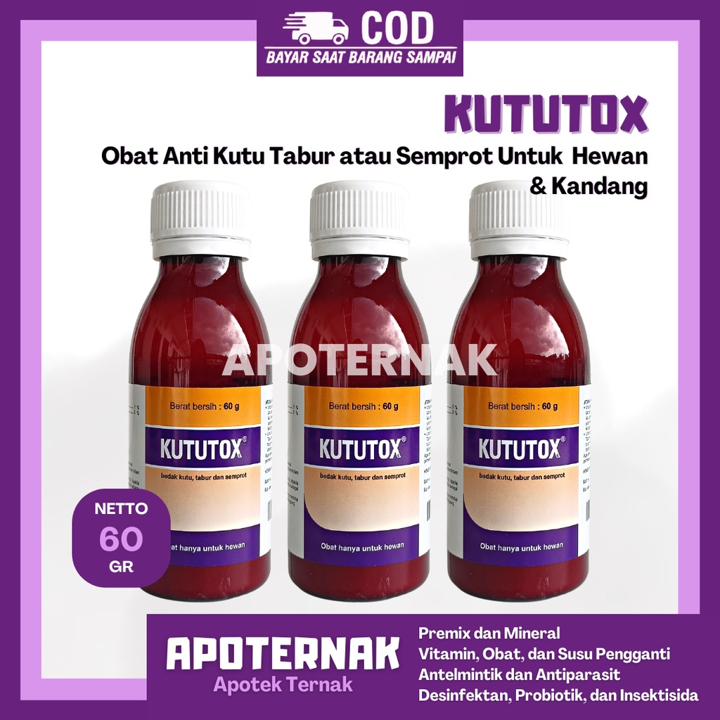 KUTUTOX 60 gr | Obat Kutu Hewan Peliharaan | Anti Kutu tabur atau Semprot Untuk Anjing Kucing Sapi Kambing Domba &amp; Kandang | Medion