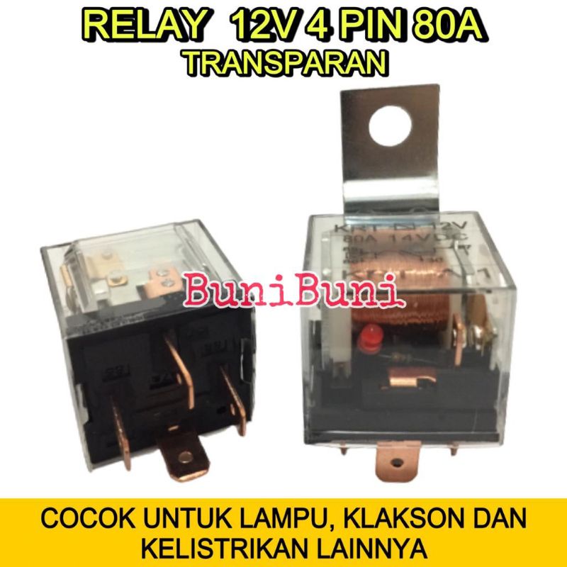 RELAY Transparan Bening 12V Kaki 4 Pin 80A Untuk Rilay Lampu Klakson Dan Alarm Mobil Motor - 12V 4 KAKI