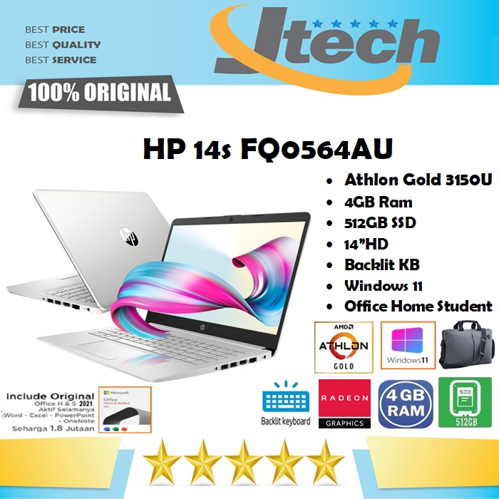 HP 14s FQ0564AU - ATHLON GOLD 3150U - 4GB - 512GB SSD - BACKLIT KB - 14&quot;HD - WIN11 - OFFICE HOME STUDENT