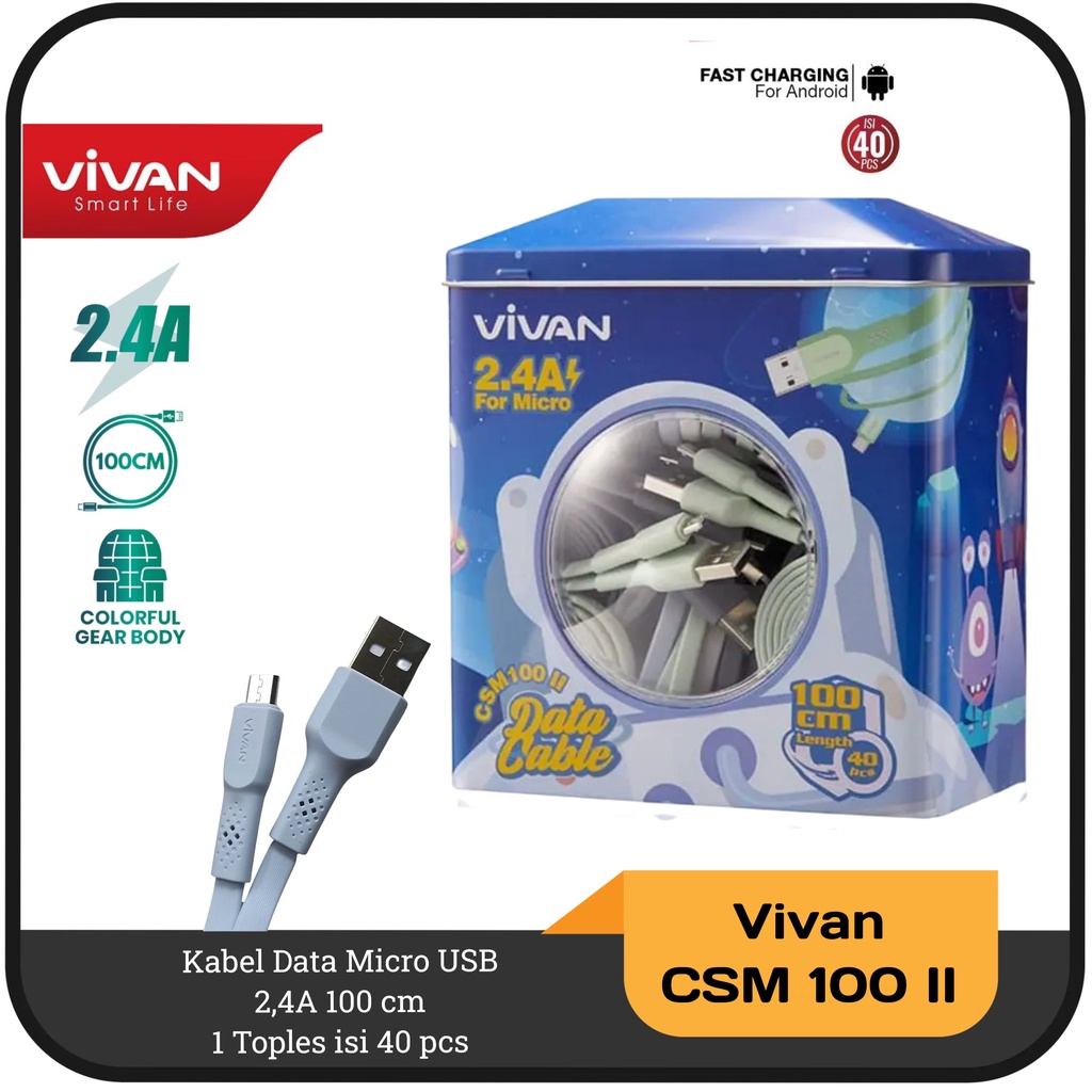 Kabel Data Micro USB 2.4A Vivan CSM100 II 1 Toples isi 40 pcs