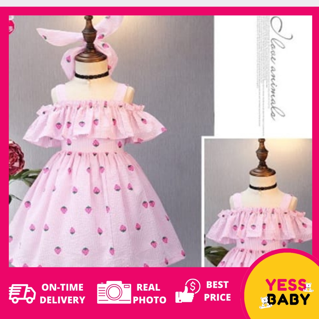 YESSBABY 0-6tahun JOSEPHINE Dress anak perempuan/Gaun bayi/Rok anak/Dress pesta lucu untuk anak/bayi cewek motif strawberry pink