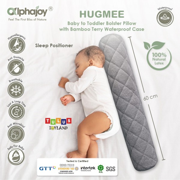 Guling bayi Anak Waterproof Alphajoy HUGMEE Baby Toddler Bolster 60 x 10 Natural Latex Pillow bantal peluk balita sarung Bamboo Terry anti ompol lembut