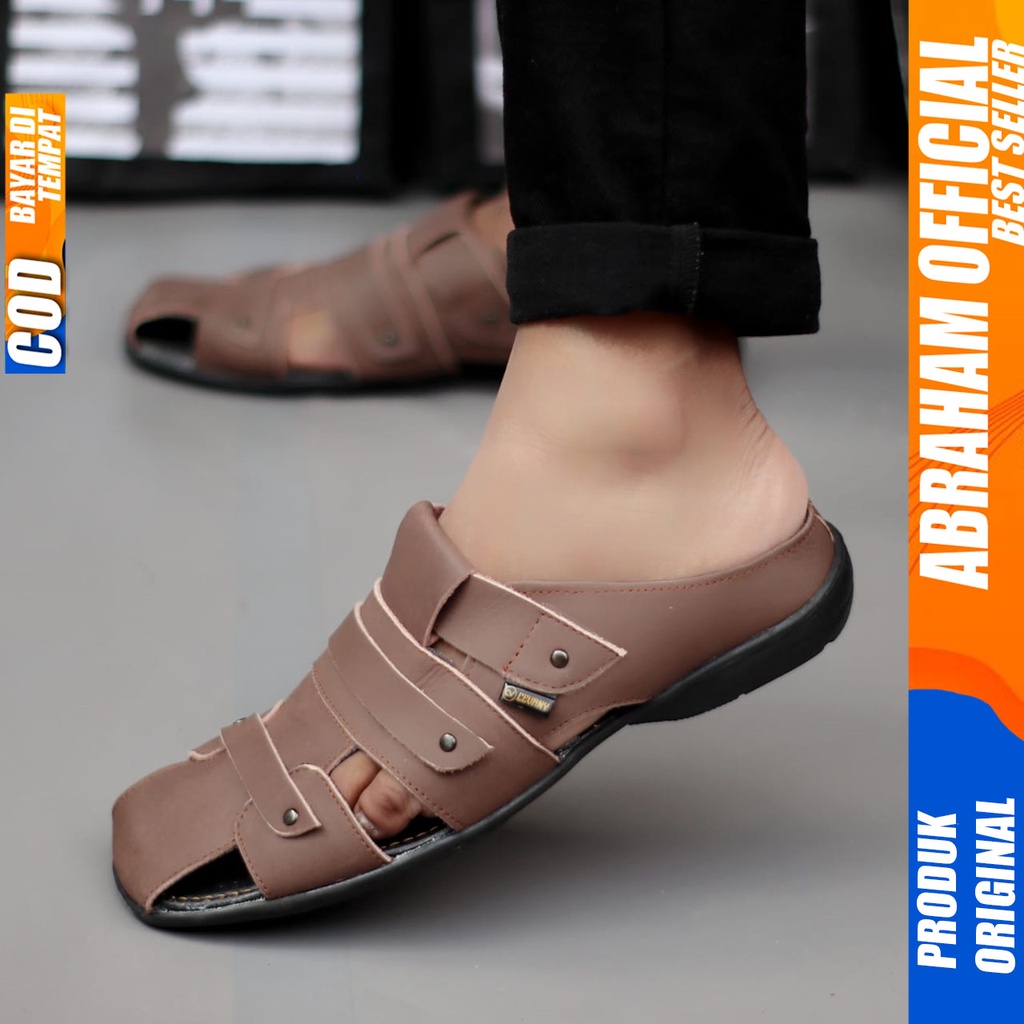 ABRAHAM Sandal Selop Kulit Slide Pria Slop Bustong