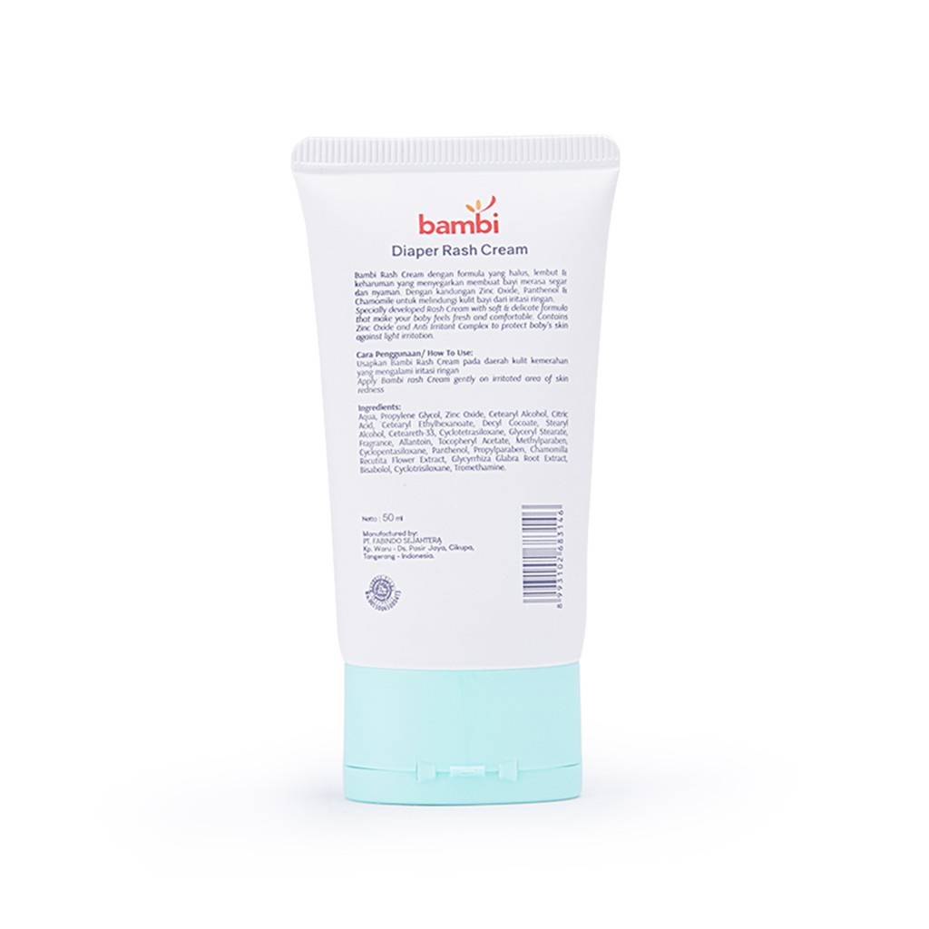 Bambi Baby Diaper Rash Cream 50ml | Krim Ruam Popok Pada Bayi Kulit Normal - Sensitif | Krim Area Lipatan | Mencegah Iritasi Ringan Pada Kulit Bayi.