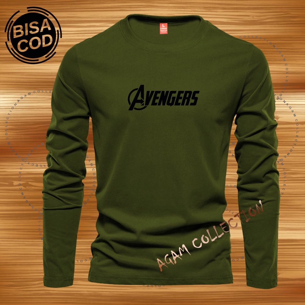 Agam Collection Baju Kaos Distro Avengers  Text Hitam Lengan Panjang Premium Quality Kaos Pria Keren Kaos Cewek/Cowok