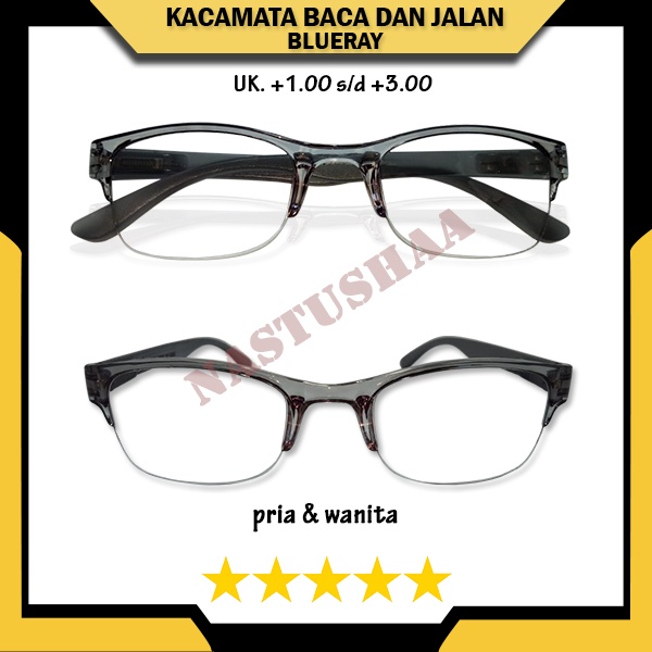 Kacamata Baca dan Jalan Blueray Ukuran +1.00 s/d +3.00 Gagang Per Kacamata Double Fokus Lensa Gradasi Anti Radiasi Bingkai Abu-abu Model Semi Rimless NOCASE