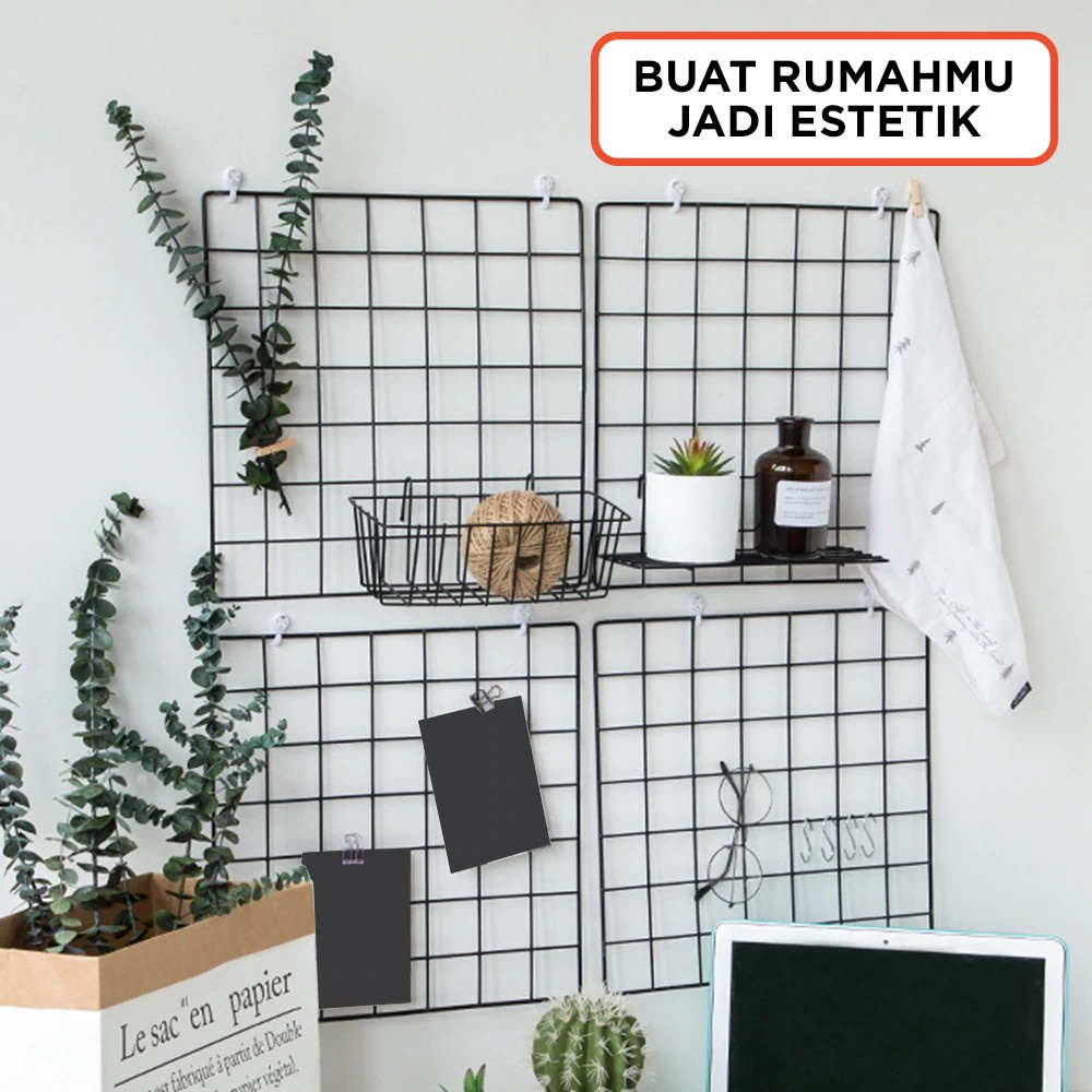 Hijang Segi 35 Hiasan Kerajang Besi Organizer / Rak Dinding Gantung Foto Frame Wire Grid Mesh Hijan Baru