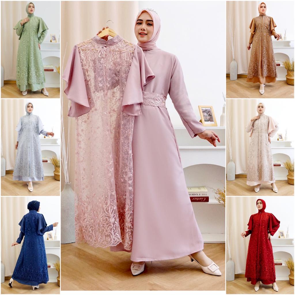 2IN1 GEORGINA DRESS INNER + OUTER BRUKAT TILLE PREMIUM / FREE BELT / SET GAMIS MAXI DRESS KONDANGAN PLUS OUTER BROKAT TILE