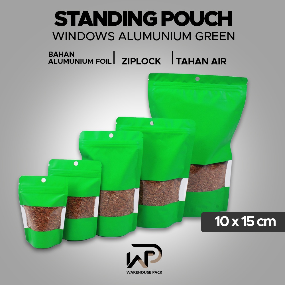 ( 10 Pcs ) Standing Pouch Alumunium Windows Hijau 10 x 15 | Kemasan Serbaguna | Kemasan Ziplock