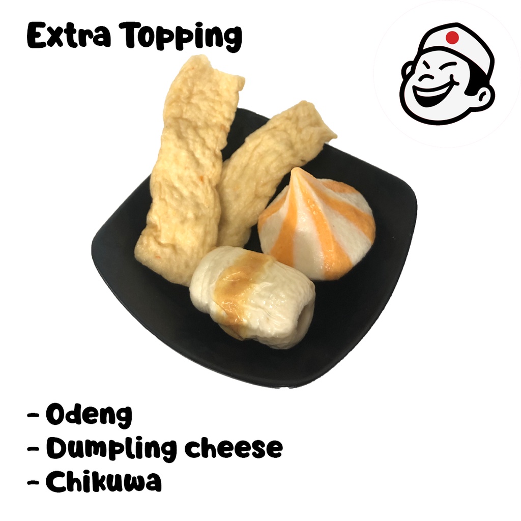 

Sabotenfood - Extra Topping 3 (Bola ikan, Bola Salmon, Dumpling Cheese, Dumpling Ayam, Flower Twister, Sosis, Chikuwa, Crab Stick, Cumi Flower, Odeng)