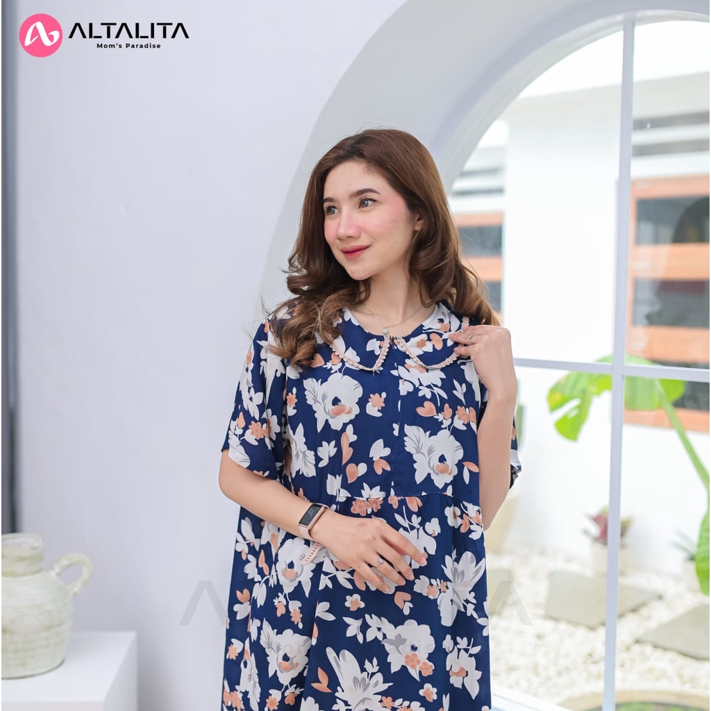 Altalita - Daster Kerah Renda Motif Remaja Kekinian Panjang Semata Kaki Lengan Pendek Wanita Busui Jumbo LD 120 Bahan Rayon Premium