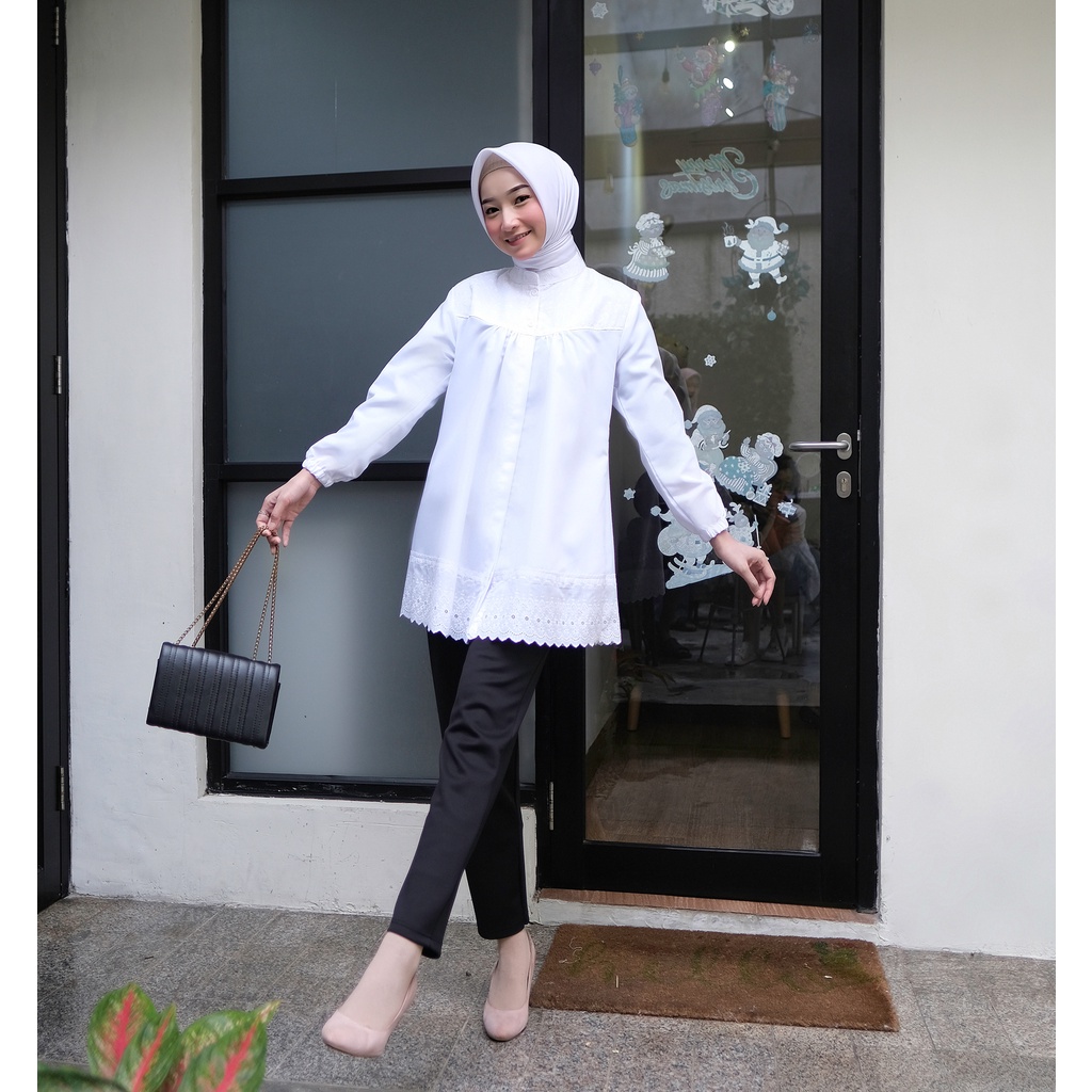 Lyra Blouse Atasan Baju Putih Wanita Muslim Kerja Terbaru  bordir