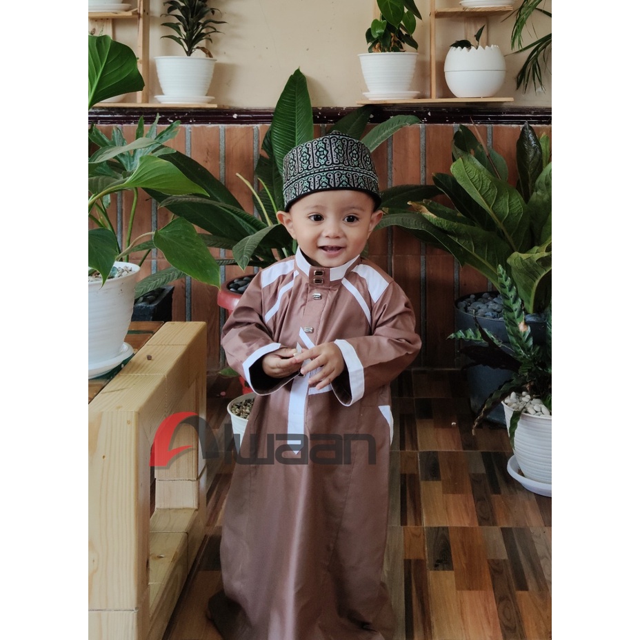 Baju/pakaian muslim pria koko gamis jubah anak ALWAAN/ATTALWIN model JA018 warna COKELAT
