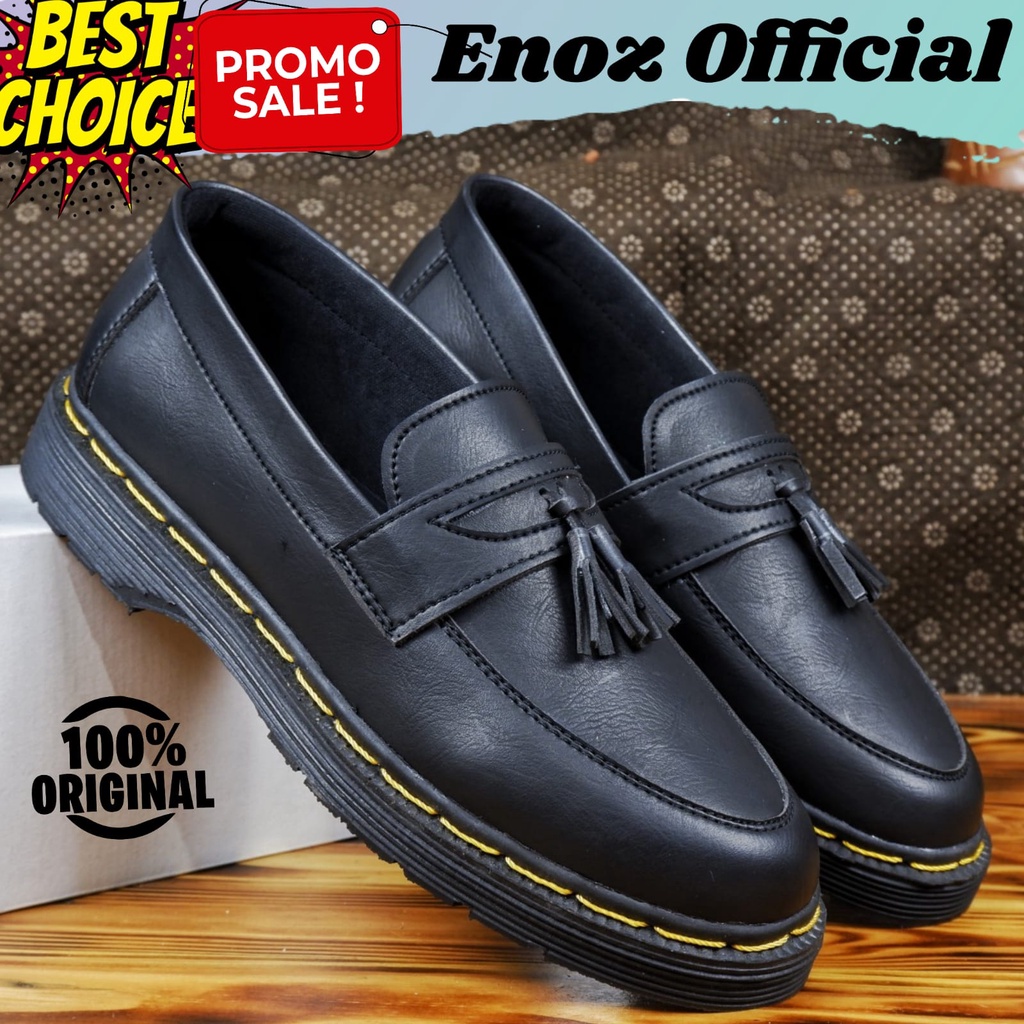 Sepatu Loafers Pria Casual Formal Slip On Hitam Dokmart Pantofel Kerja Kulit PU Penny Loafers Sintetic Premium Enoz Tie Rope