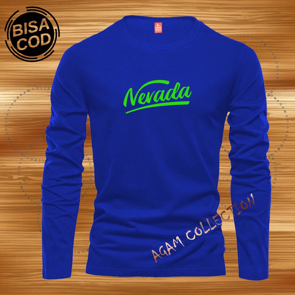 Agam Collection Baju Kaos Distro Nevada Line Text Neon Lengan Panjang Premium Quality Kaos Pria Keren Kaos Cewek/Cowok