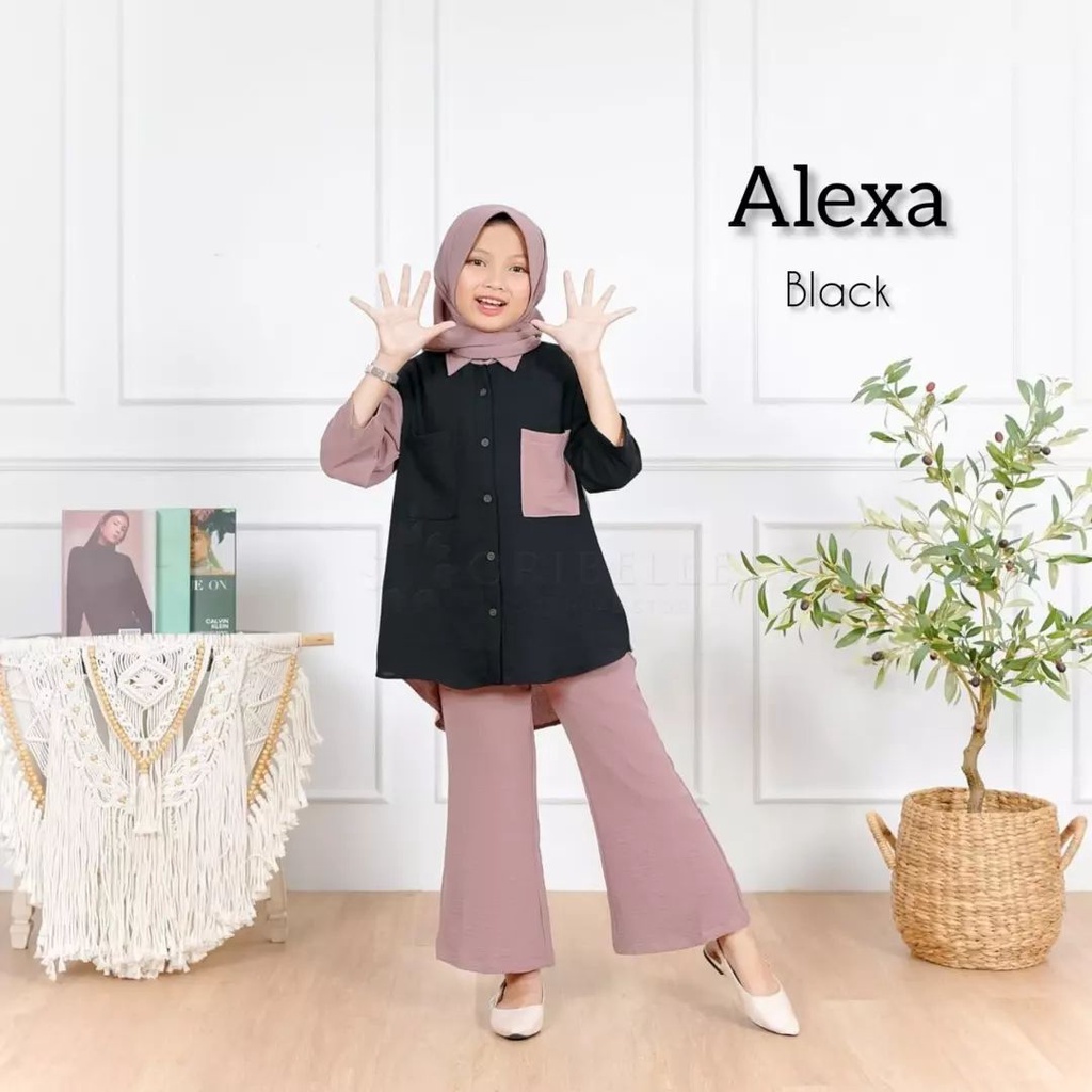 terbaru Baju Setelan Anak Tanggung plus pasmina Usia 10 11 12 tahun Alexa Kids Set Hijab Pakaian Muslim Anak Perempuan Baju Muslimah  3 in 1 set